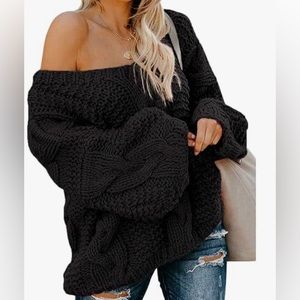 Astylish Women Long Sleeve Off Shoulder Loose Cable Knit Pullover Sweater